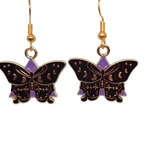 Moth Dangle Earrings - Black and Purple